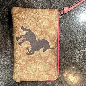 Coach Tan and Pink Key & Card Holder Unicorn Wristlet.